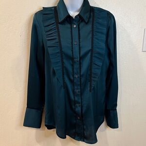 Banana Republic Dillon shirt, size XS, emerald green, black lace trim, ruffle